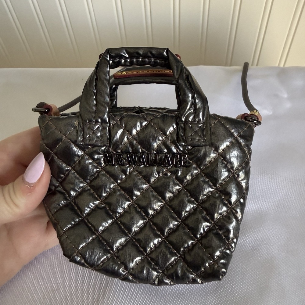 Mz Wallace Mini Metro Tote Crossbody Bag Purse Metallic Dark Gray Bag Charm